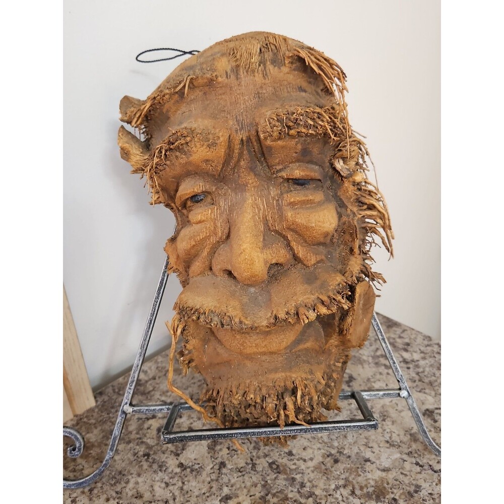 Vintage Carved Wooden Bamboo Root Folk Art Man's Face Wall Hanging 11" EUC